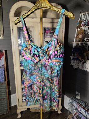 Tropical Leaf Print Women’s Tankini Top - Pink, Teal & Orange